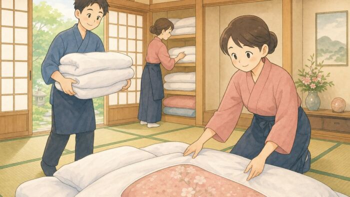 宿泊用物件では、清潔な寝具の入れ替えが大切です - 丸よし