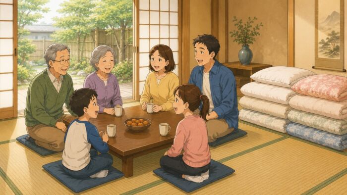 佐賀市周辺で連休や帰省の来客用布団を準備する家族のイメージ