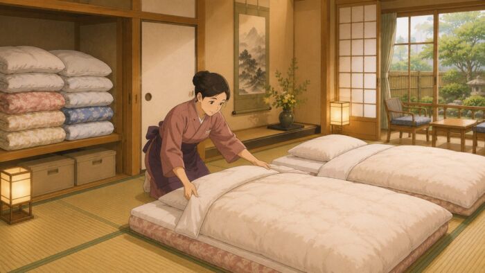 佐賀県内の旅館や宿泊施設で追加布団を準備するイメージ