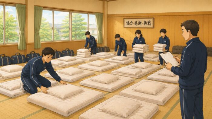 佐賀県内の学校や部活、クラブチームの合宿で布団を準備するイメージ