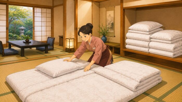 筑後地方エリアの旅館や宿泊施設で追加布団を準備するイメージ
