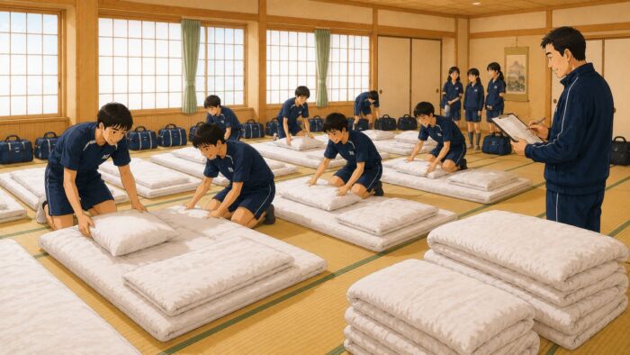福岡県南エリアの学校や部活、スポーツ団体の合宿で布団を準備するイメージ