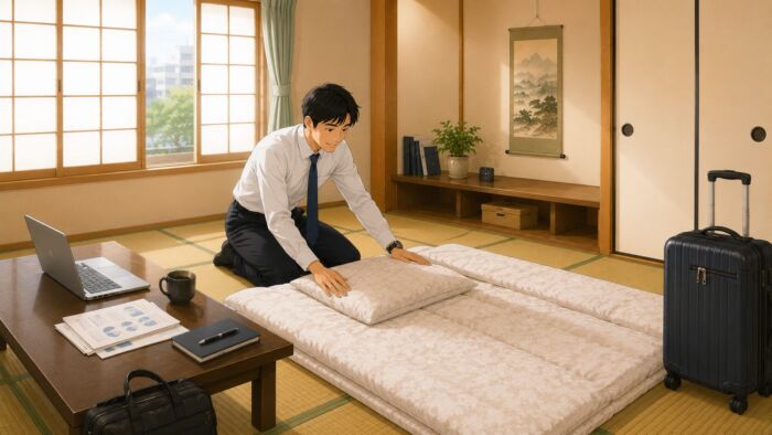 短期出張や研修滞在で滞在先の和室に布団を準備するイメージ