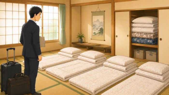 会社寮や社員寮の和室で長期リース用の布団を準備するイメージ