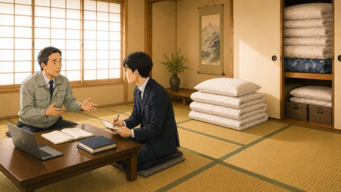 指導者育成や長期研修の滞在先で布団を準備するイメージ