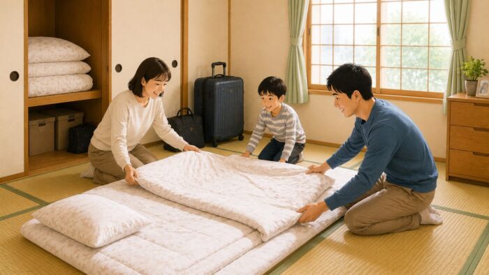 単身赴任先の住まいで家族の一時滞在用に布団を準備するイメージ