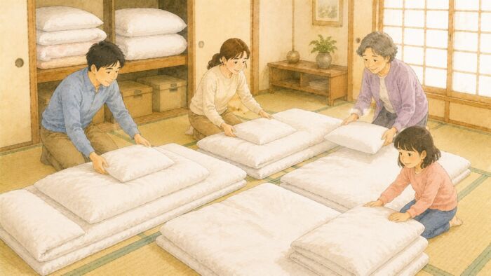 親族が休めるように和室へ清潔な貸し布団を準備している様子