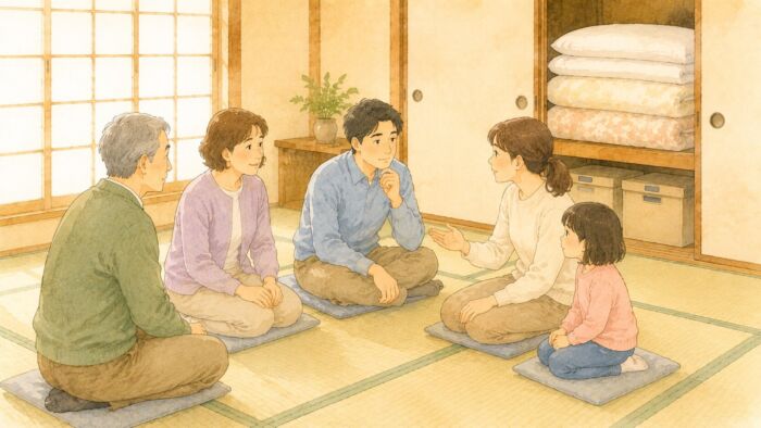 葬儀で急に親族が泊まることになり、和室で布団の準備を相談する家族