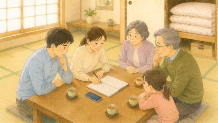 葬儀後に泊まる親族の人数と布団を使う日程を家族で確認している様子