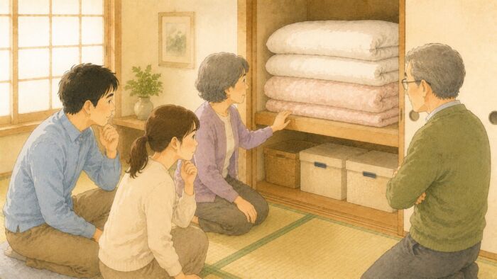 自宅の押し入れを開けて親族用の布団が足りるか確認している家族