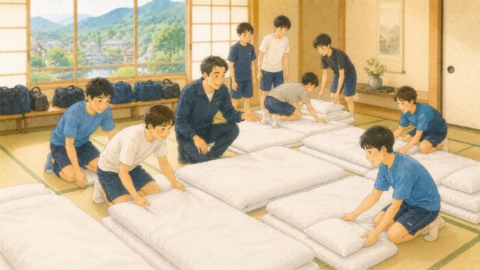 日田市の合宿施設で生徒と指導者がまとまった数の貸し布団を準備する様子