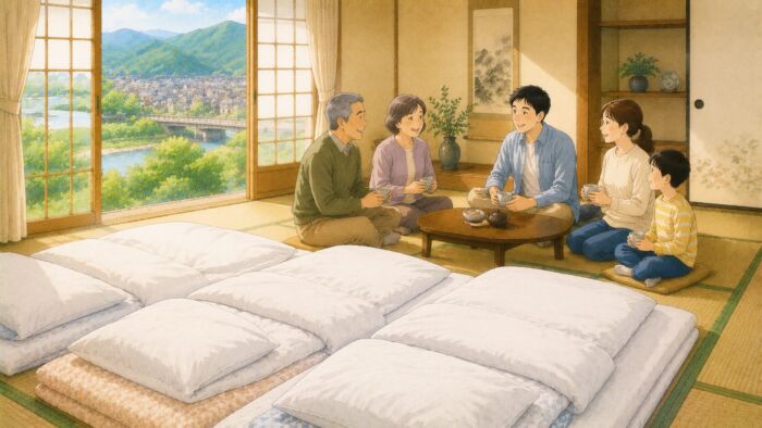 日田市の和室に貸し布団を準備し、帰省した家族を迎える様子