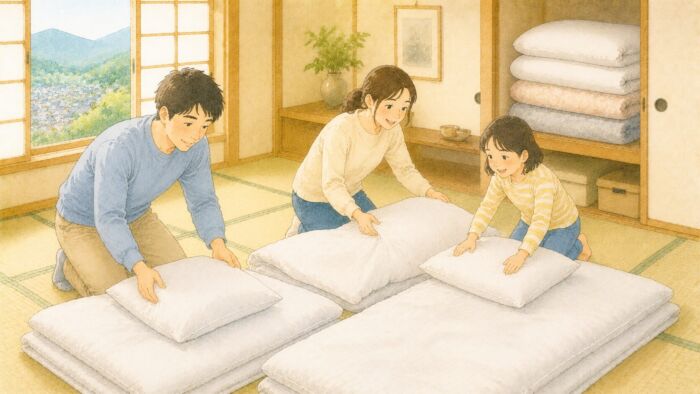 日田市の和室で帰省する親族のために貸し布団を準備する家族