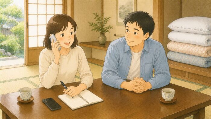 日田市で一組の貸し布団について電話で質問する夫婦