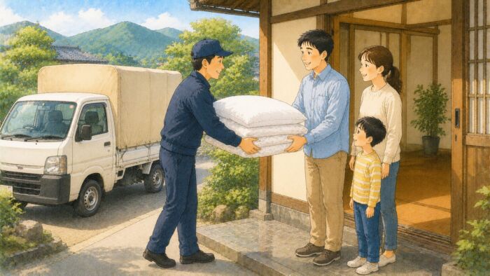 日田市の自宅へ貸し布団を届ける配送スタッフと受け取る家族