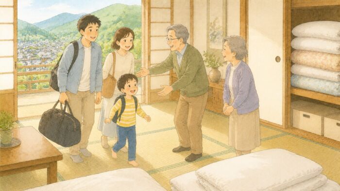 日田市の実家で帰省した家族を迎え、来客用の貸し布団を用意している様子