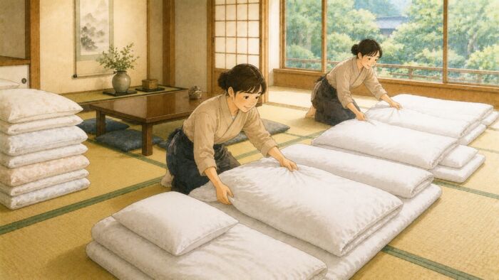 日田市の旅館で団体客のために追加の貸し布団を準備するスタッフ
