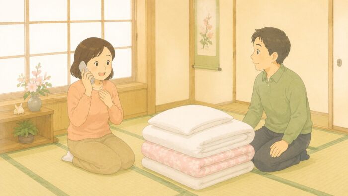 貸し布団を1組だけ相談するため電話をする家族と畳の部屋に準備された布団