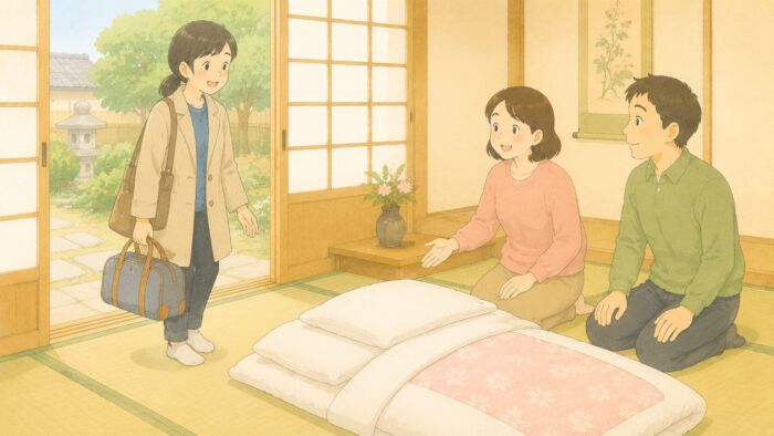 来客を迎えるため畳の部屋に1組の貸し布団を準備している様子