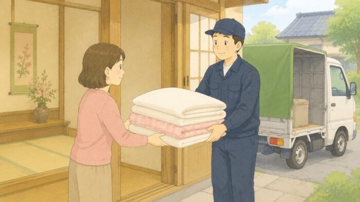 自宅玄関で貸し布団1組を受け取るお客さまと配送スタッフ