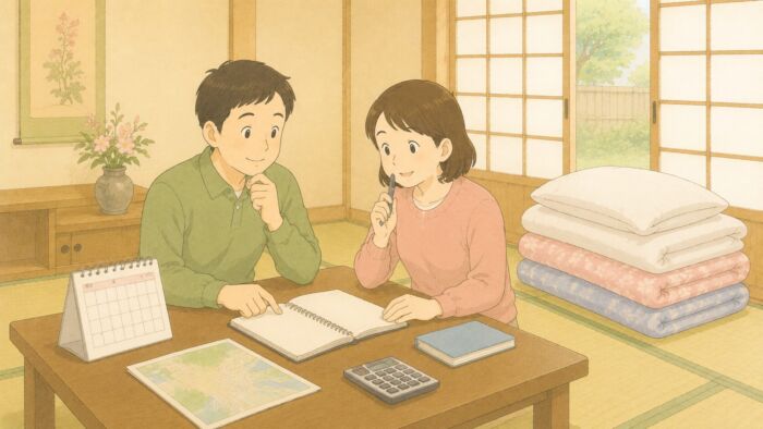 貸し布団の相談前に地域や日程を確認する夫婦