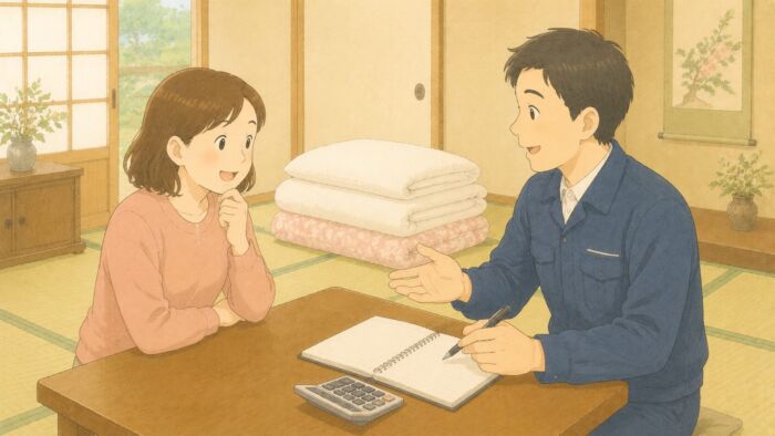 貸し布団1組の見積もりについて相談するお客さまとスタッフ