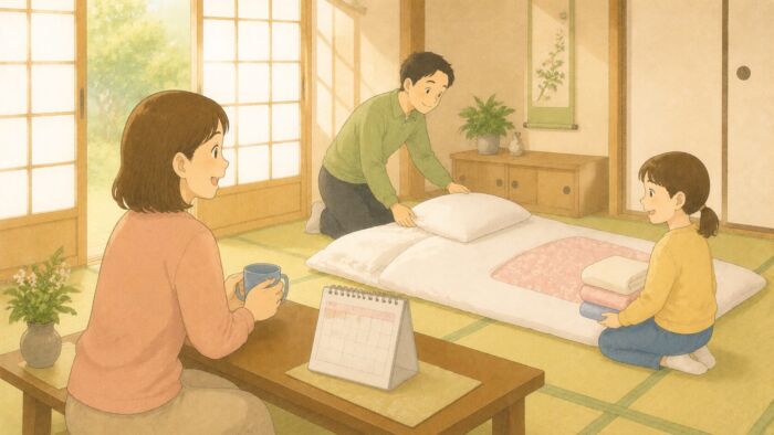 来客前に早めに貸し布団を準備して安心している家族