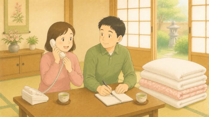 貸し布団1組について電話で質問する家族