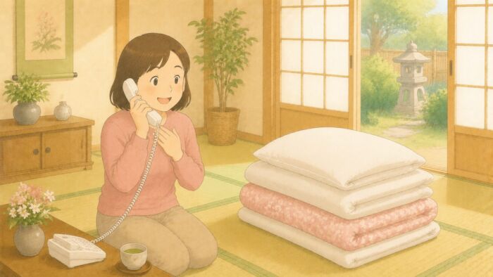 貸し布団1組の相談を終えて安心した様子の女性と布団
