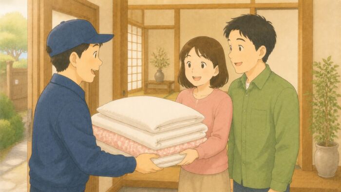 貸し布団1組を受け取る家族と配送スタッフの温かい相談場面