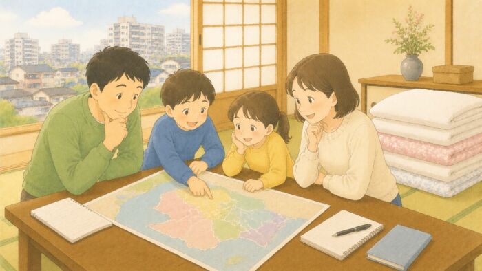 福岡市内の地域と組数を確認しながら布団レンタルを相談する家族