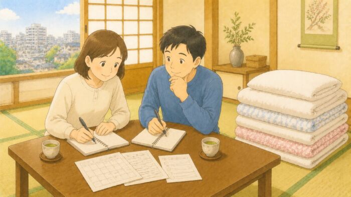 貸し布団の相談前に日程や組数をメモする夫婦