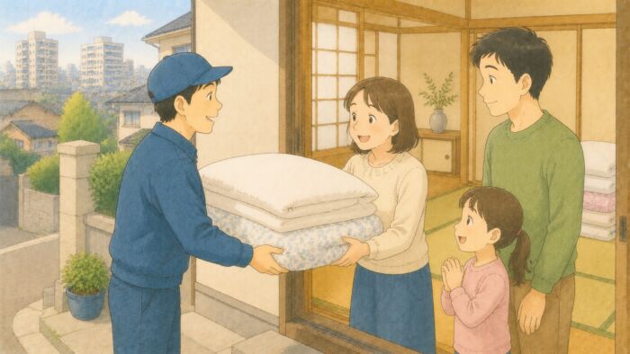 福岡市内の家へ丸よしスタッフが貸し布団を届ける様子