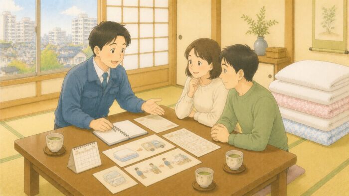 丸よしスタッフが貸し布団のよくある質問に答える様子
