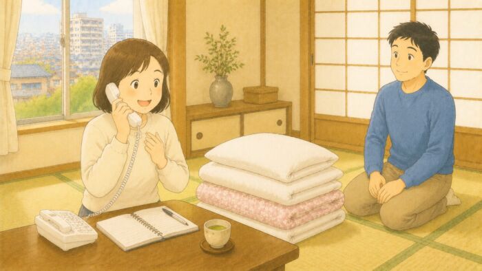 少ない組数の貸し布団について電話で相談する女性