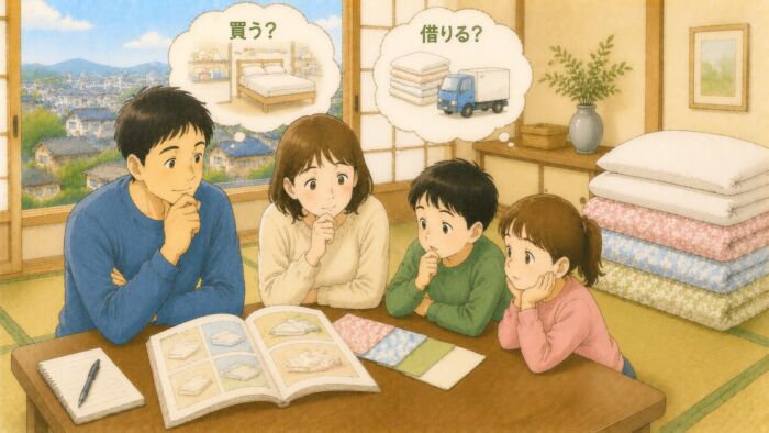 来客用布団を買うか借りるか家族で考える様子