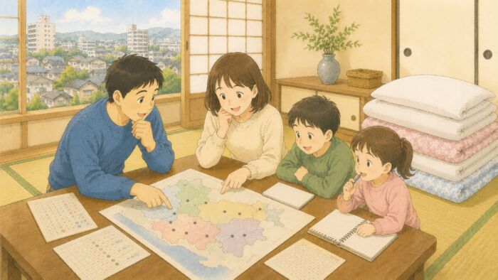 福岡市近郊の地域と組数を地図を見ながら相談する家族