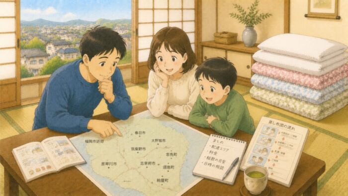 那珂川市や宇美町など周辺地域を地図で確認する家族