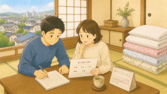 貸し布団の利用日程や組数を確認しながら相談する夫婦