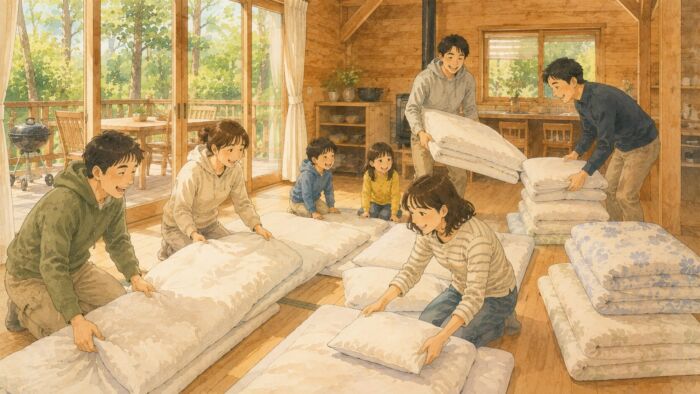 貸別荘やコテージで友人家族が貸し布団を並べて宿泊準備をする様子