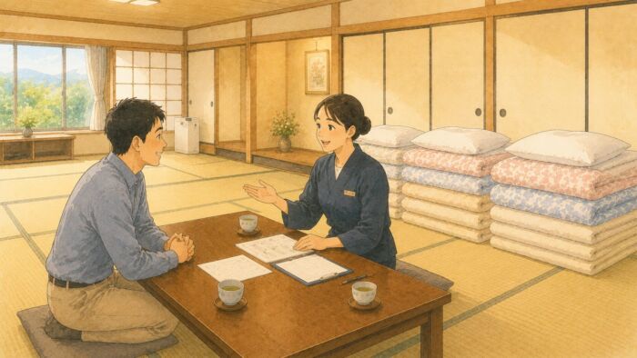 施設利用の貸し布団について担当者と落ち着いて相談する様子