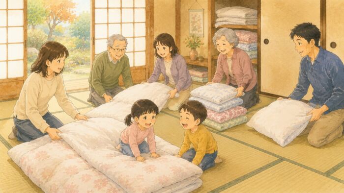 実家で親族が集まり来客用の貸し布団を準備する様子