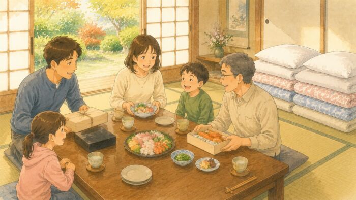 お取り寄せの食事を囲みながら貸し布団を準備した和室で過ごす家族