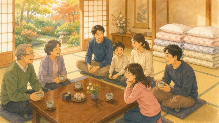 親族が和室でくつろぎ貸し布団を準備して良い時間を過ごす様子