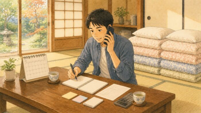 貸し布団の組数や日程について電話で相談する様子