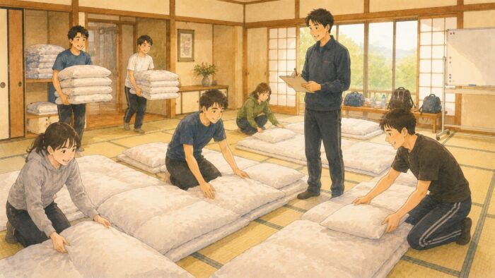 合宿施設や大部屋で複数の貸し布団を準備するグループ