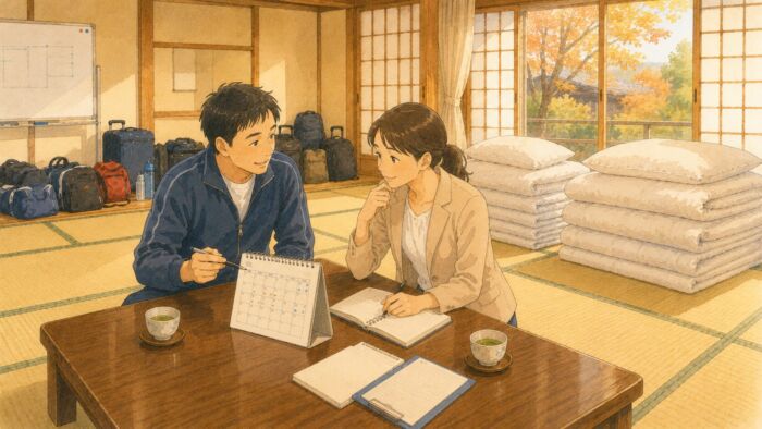 秋の合宿や研修に向けて貸し布団の準備を相談する様子
