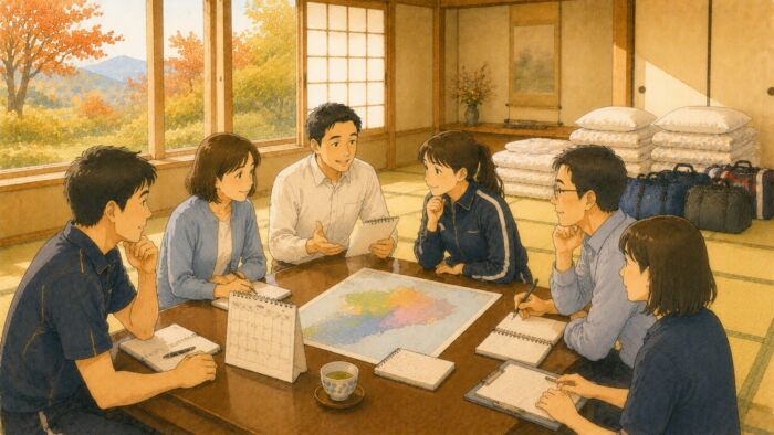 秋の合宿や研修に向けて地域と組数を確認する様子