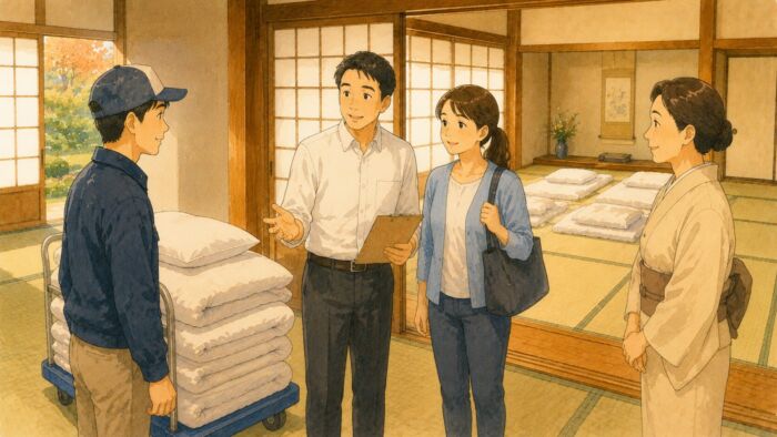 施設へ貸し布団を届ける前に受け取り方法を確認する様子