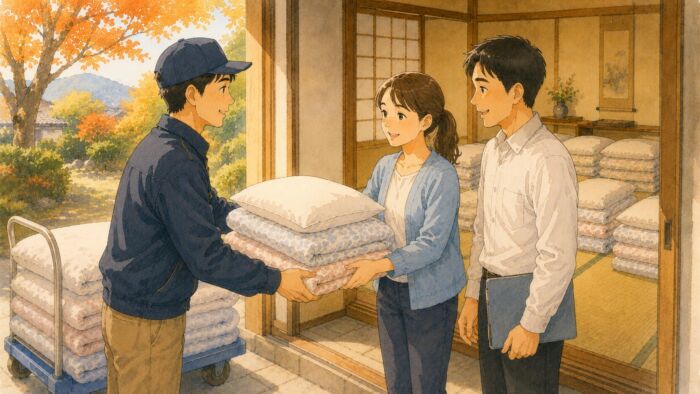 秋の合宿や研修用の貸し布団を相談して受け取る様子